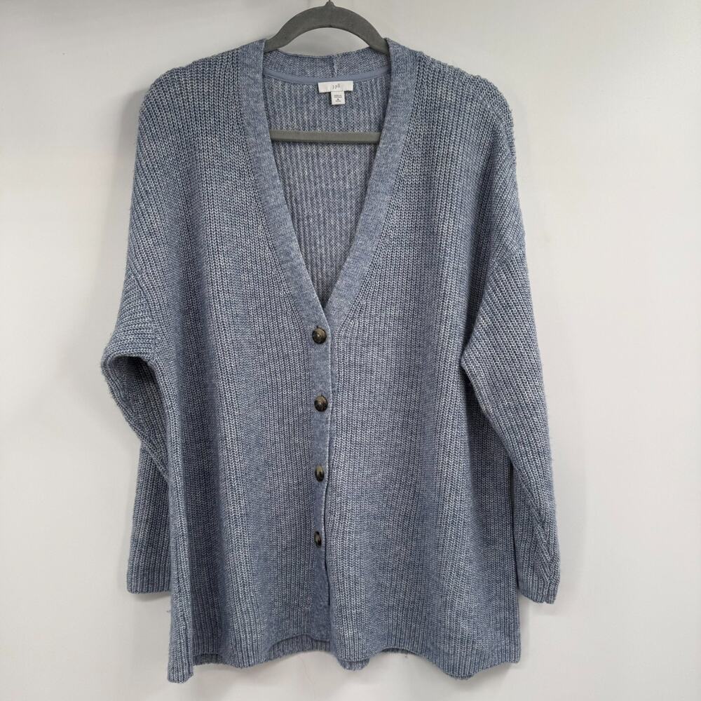 J Jill Chunky Knit Cardigan Sweater Women XL Petite Blue V Neck Button Oversized